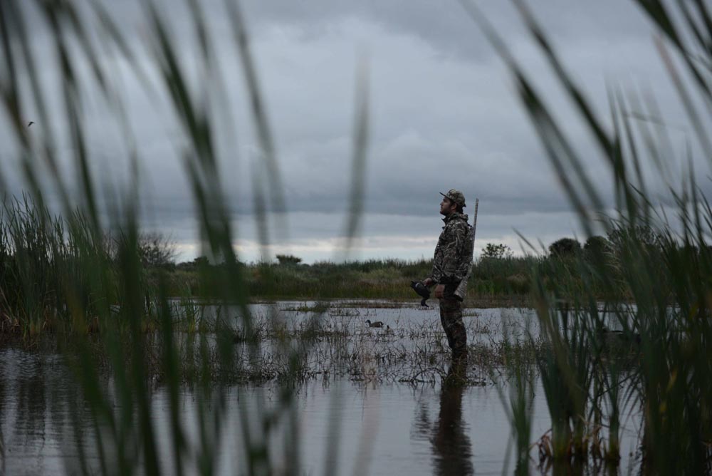 watching-for-birds-during-a-duck-hunt_33855403514_o a man standing in water with a rifle and a decoy.